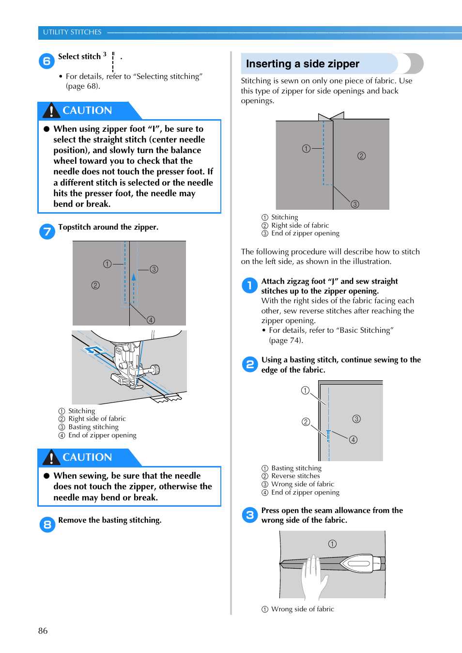 Inserting a side zipper, Caution | Brother SB3129 User Manual | Page 92 / 156