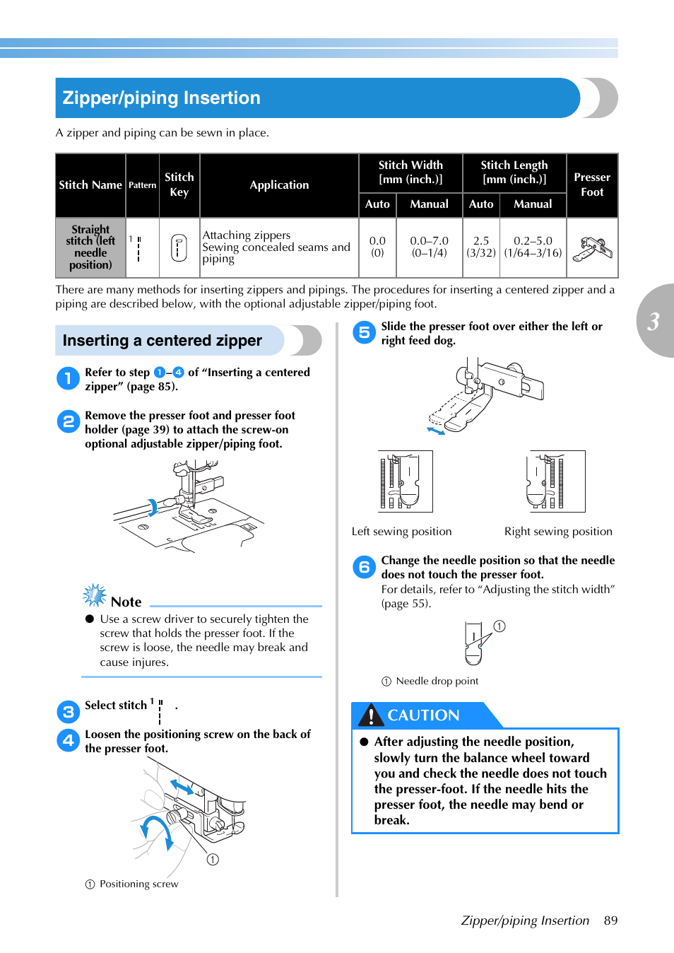 Zipper/piping insertion, Inserting a centered zipper, Caution | Brother SB3129 User Manual | Page 95 / 156