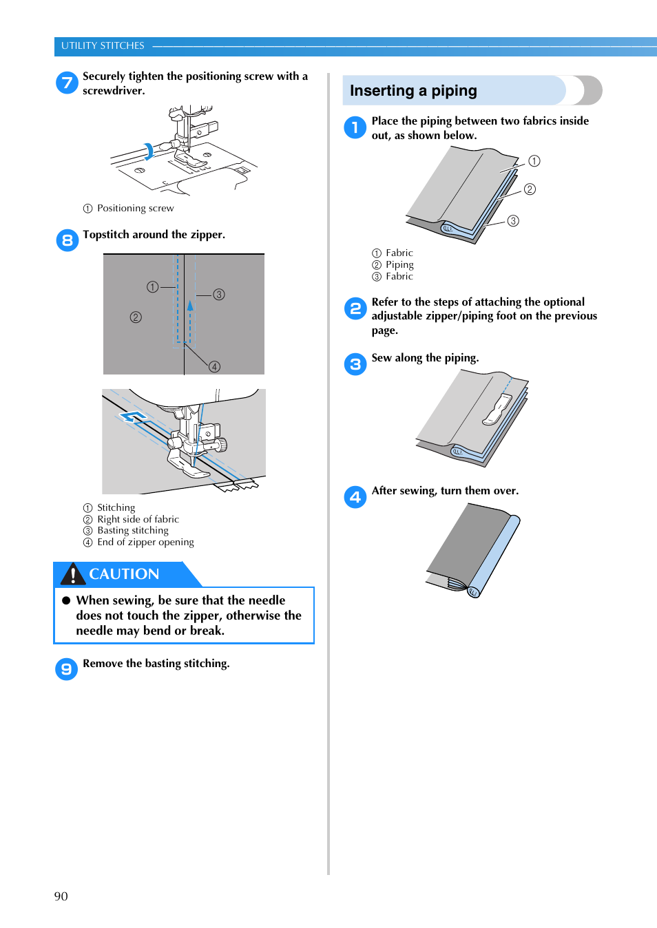 Inserting a piping, Caution | Brother SB3129 User Manual | Page 96 / 156