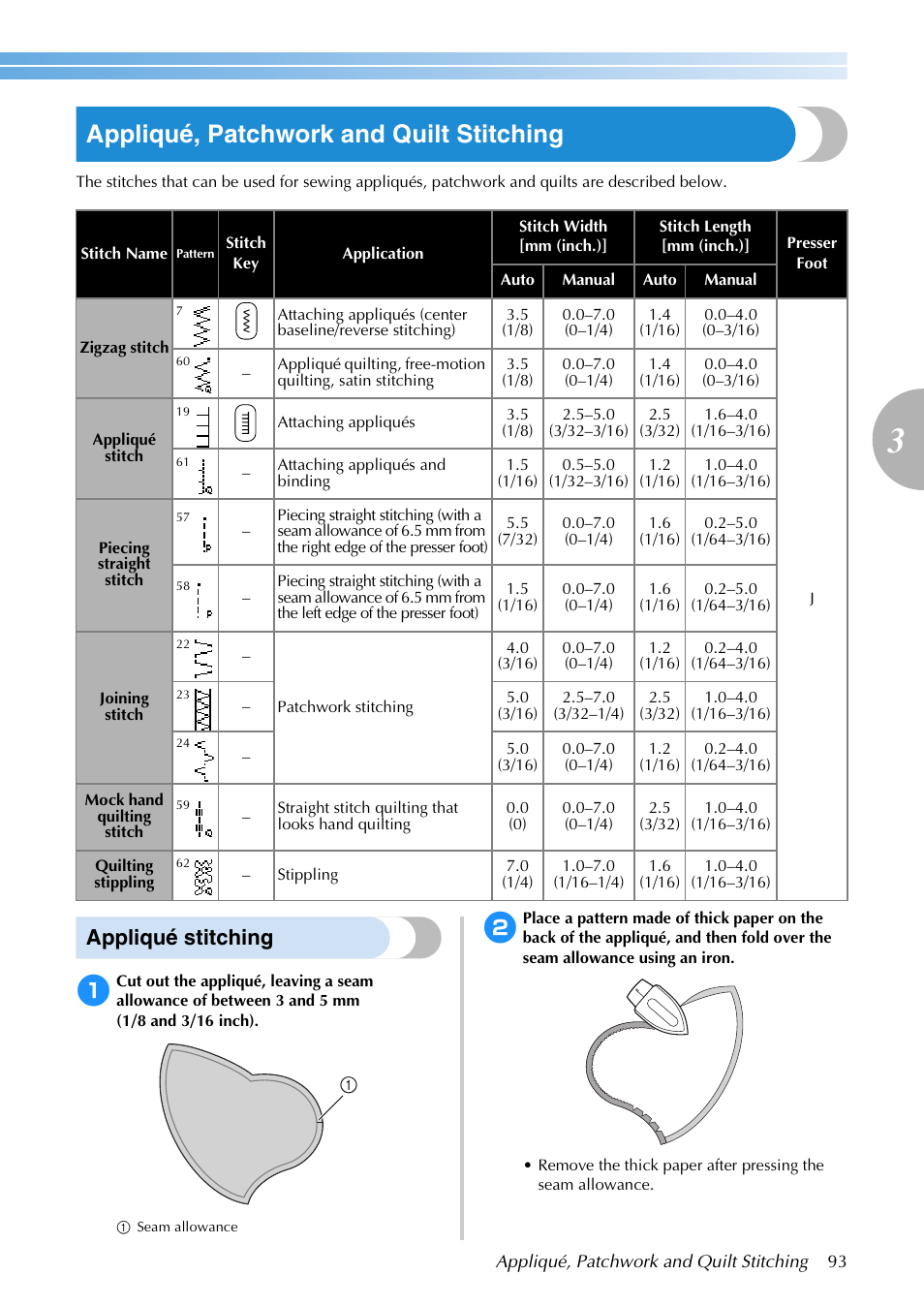 Appliqué, patchwork and quilt stitching, Appliqué stitching | Brother SB3129 User Manual | Page 99 / 156