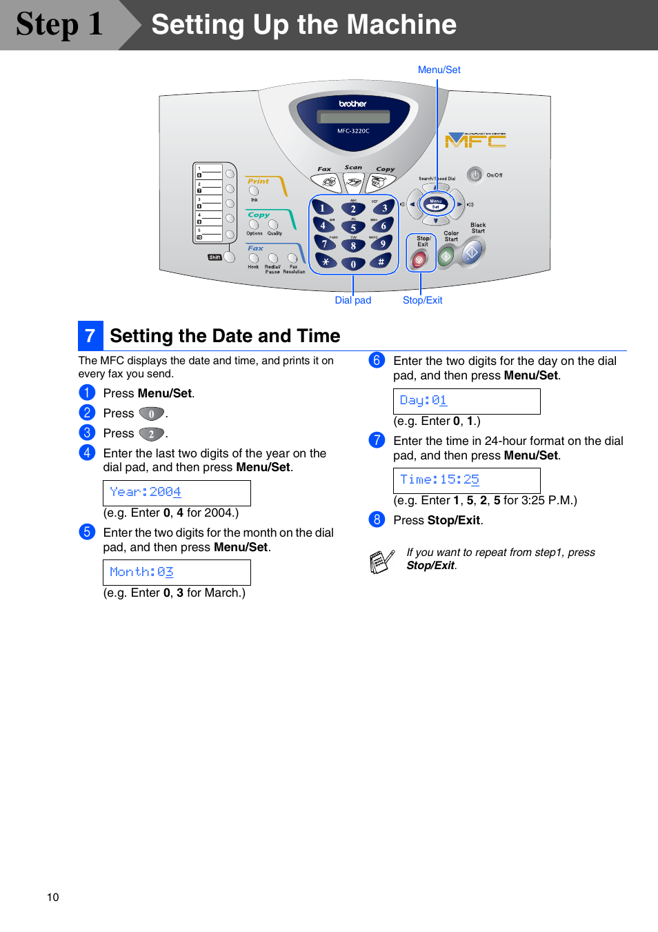 7 setting the date and time, Setting the date and time, Step 1 | Setting up the machine, 7setting the date and time | Brother MFC-3220C User Manual | Page 12 / 31