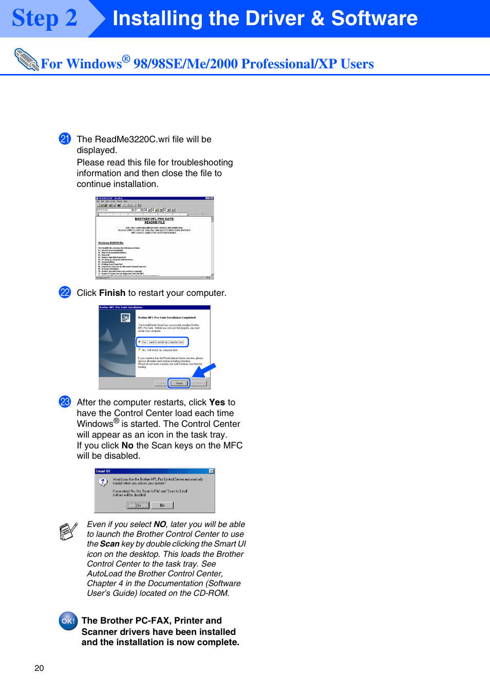 Step 2, Installing the driver & software, For windows | Brother MFC-3220C User Manual | Page 22 / 31