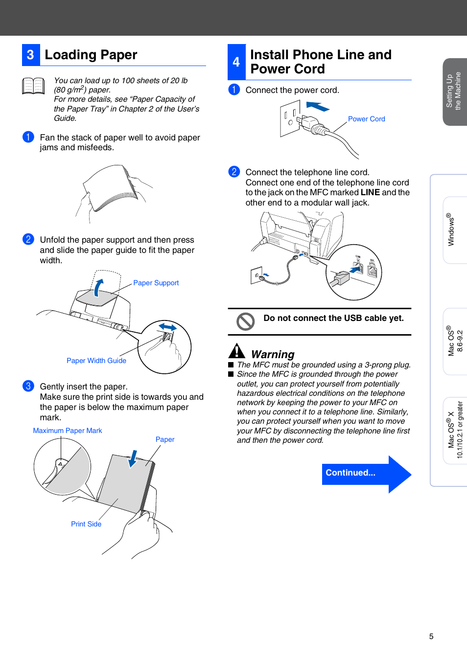 3 loading paper, 4 install phone line and power cord, Loading paper | Install phone line and power cord, 3loading paper, 4install phone line and power cord, Warning | Brother MFC-3220C User Manual | Page 7 / 31