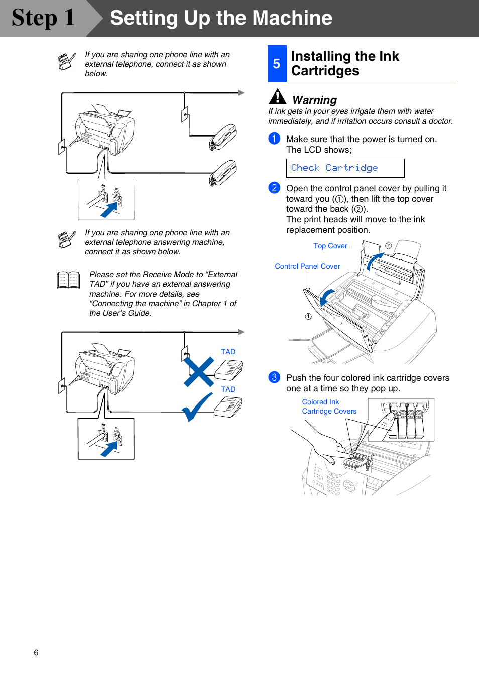 5 installing the ink cartridges, Installing the ink cartridges, Step 1 | Setting up the machine, 5installing the ink cartridges, Warning | Brother MFC-3220C User Manual | Page 8 / 31
