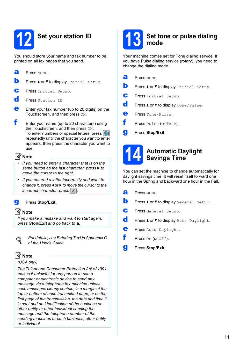 12 set your station id, 13 set tone or pulse dialing mode, 14 automatic daylight savings time | Brother MFC 990cw User Manual | Page 11 / 50