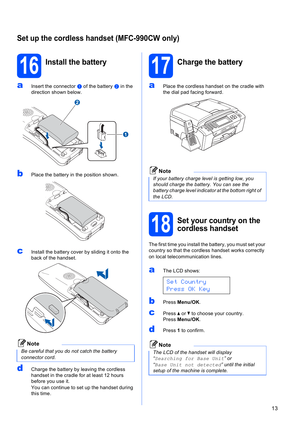 Set up the cordless handset (mfc-990cw only), 16 install the battery, 17 charge the battery | 18 set your country on the cordless handset | Brother MFC 990cw User Manual | Page 13 / 50