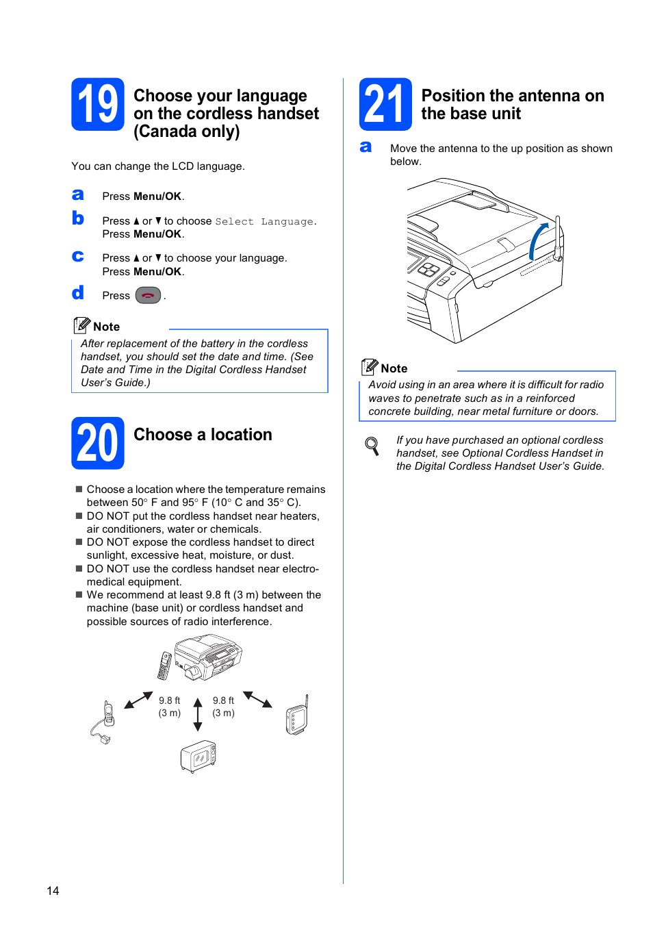 20 choose a location, 21 position the antenna on the base unit | Brother MFC 990cw User Manual | Page 14 / 50
