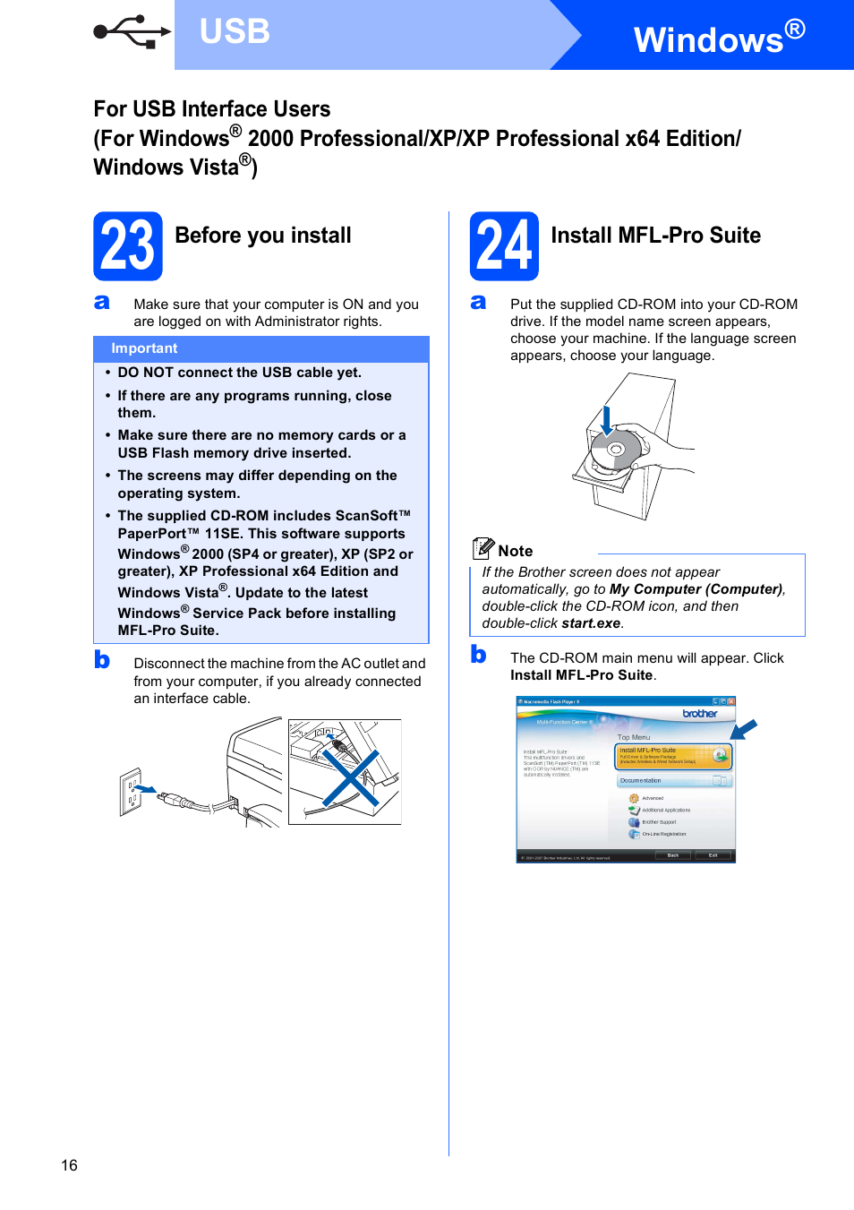 23 before you install, 24 install mfl-pro suite, Windows | Brother MFC 990cw User Manual | Page 16 / 50