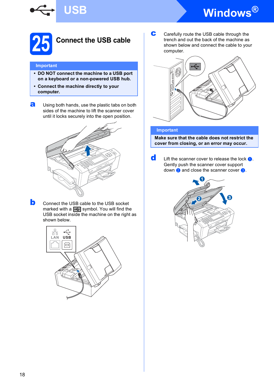 25 connect the usb cable, Windows, Connect the usb cable | Brother MFC 990cw User Manual | Page 18 / 50