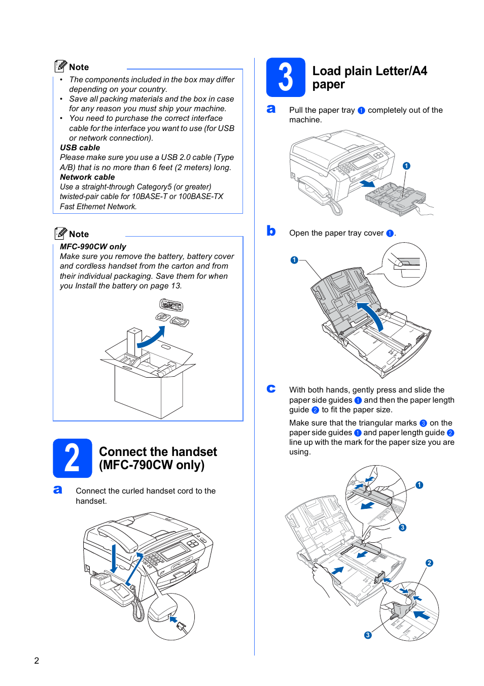 2 connect the handset (mfc-790cw only), 3 load plain letter/a4 paper, Connect the handset (mfc-790cw only) | Load plain letter/a4 paper | Brother MFC 990cw User Manual | Page 2 / 50