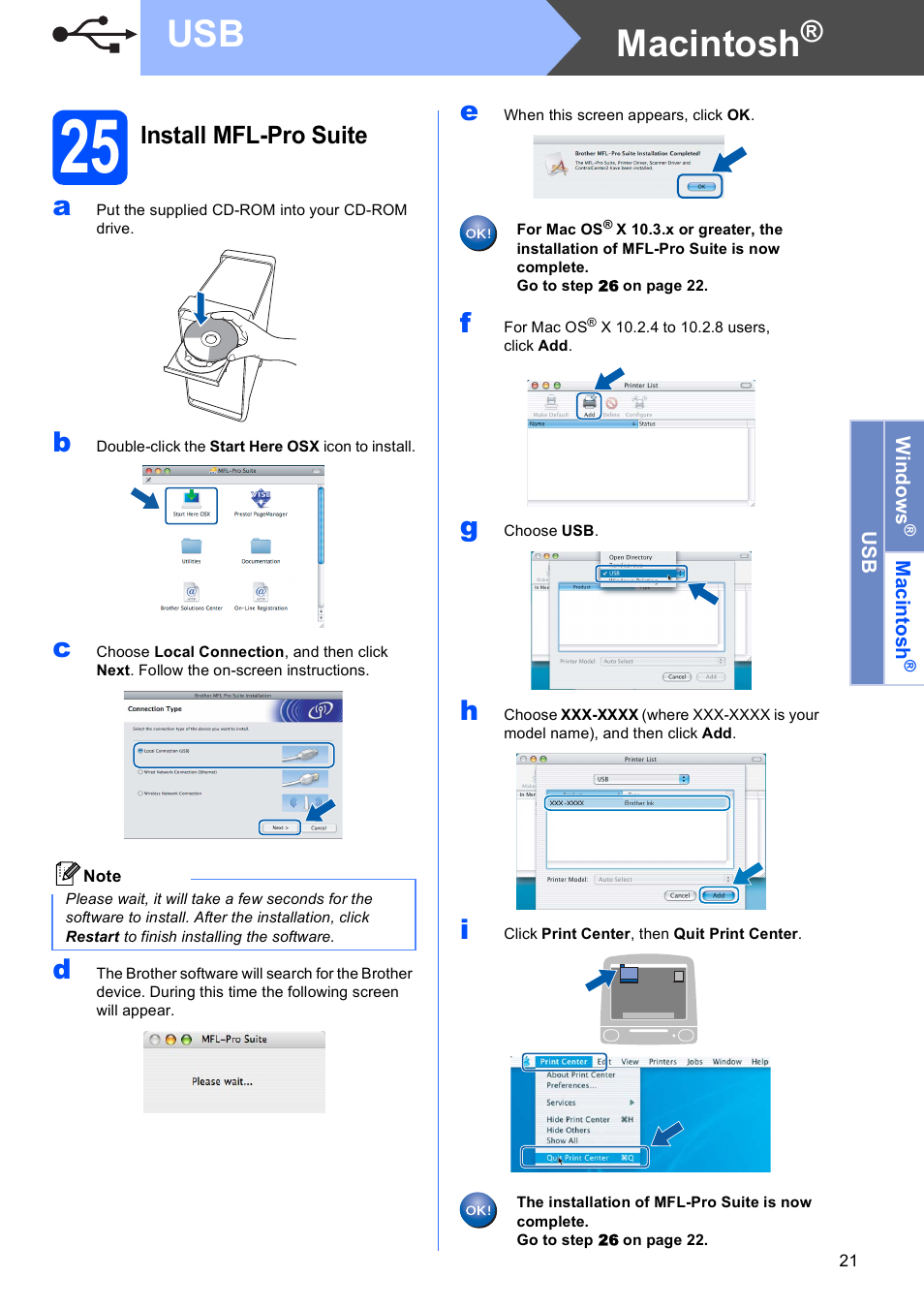 25 install mfl-pro suite, Macintosh, Install mfl-pro suite | Brother MFC 990cw User Manual | Page 21 / 50