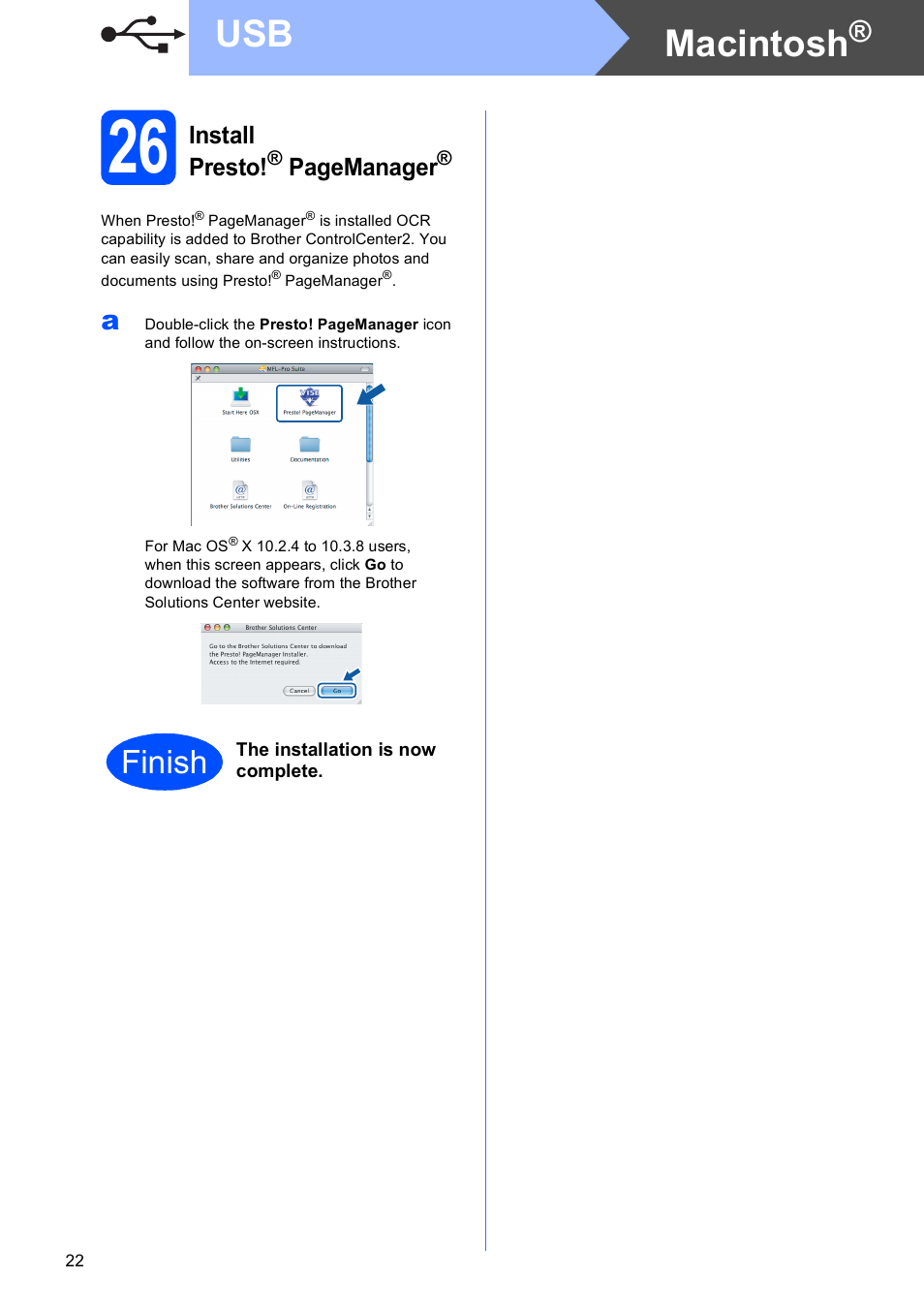 26 on, Macintosh, Finish | Install presto, Pagemanager | Brother MFC 990cw User Manual | Page 22 / 50
