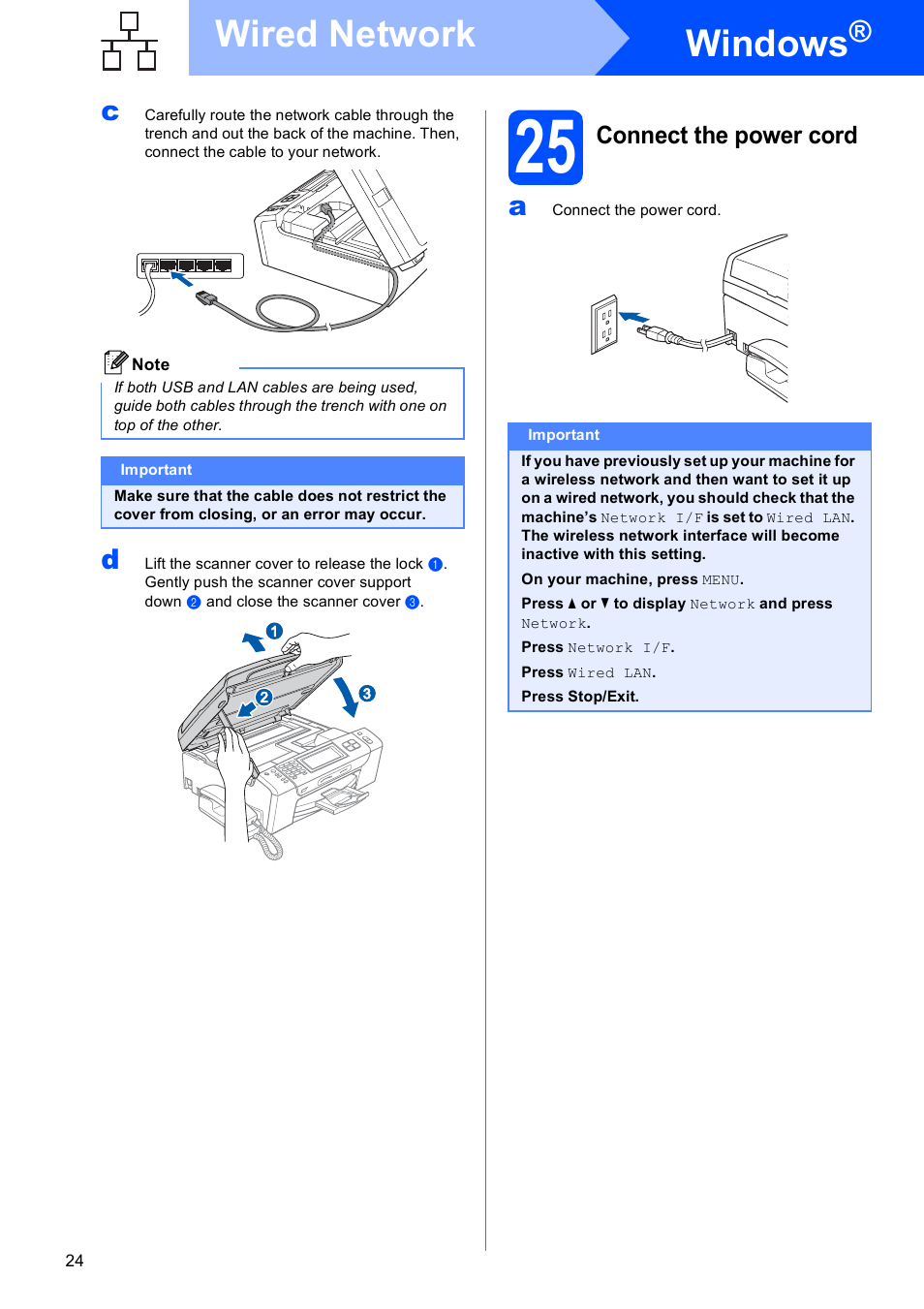 25 connect the power cord, Windows, Wired network | Connect the power cord | Brother MFC 990cw User Manual | Page 24 / 50