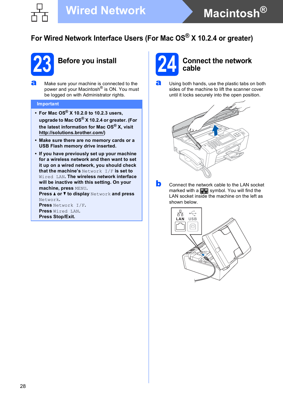 23 before you install, 24 connect the network cable, Macintosh | Wired network, For wired network interface users (for mac os, X 10.2.4 or greater), Before you install, Connect the network cable | Brother MFC 990cw User Manual | Page 28 / 50