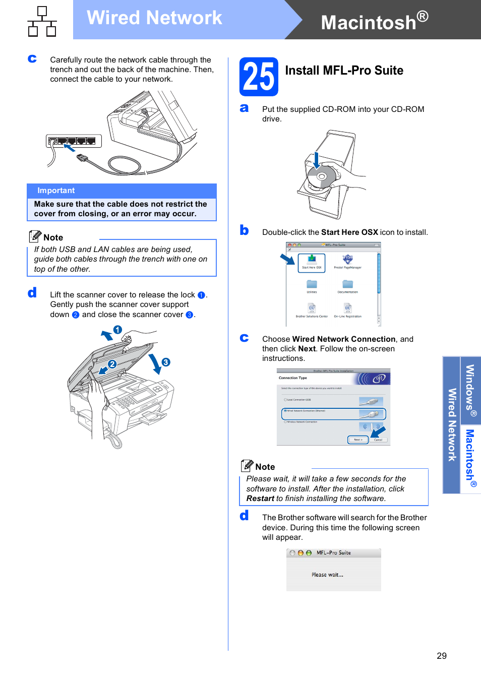 25 install mfl-pro suite, Macintosh, Wired network | Install mfl-pro suite | Brother MFC 990cw User Manual | Page 29 / 50