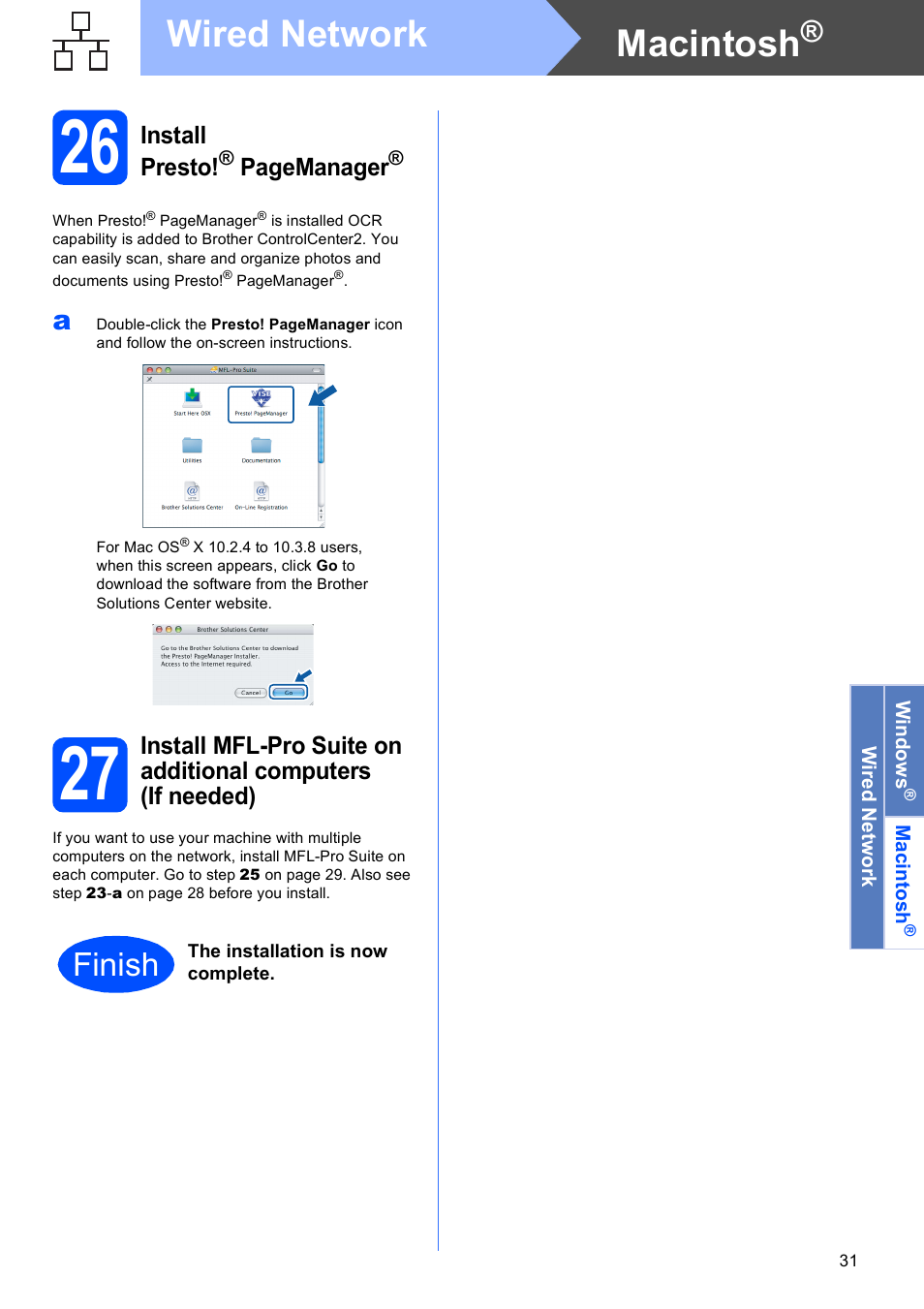 26 on, Macintosh, Wired network | Finish | Brother MFC 990cw User Manual | Page 31 / 50
