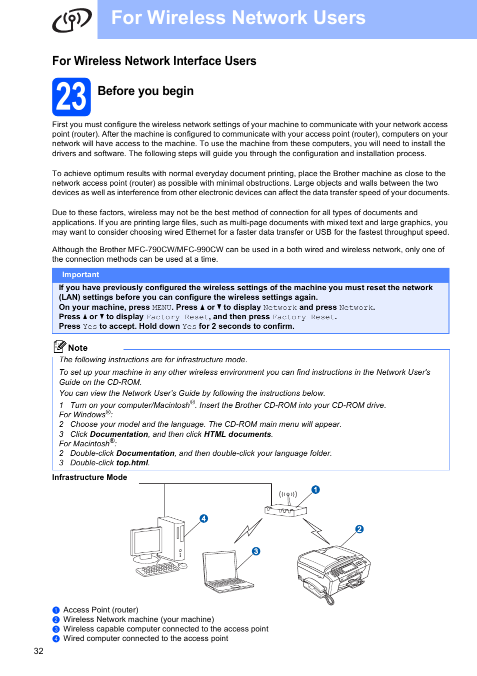 For wireless network interface users, 23 before you begin, For wireless network users | Before you begin | Brother MFC 990cw User Manual | Page 32 / 50