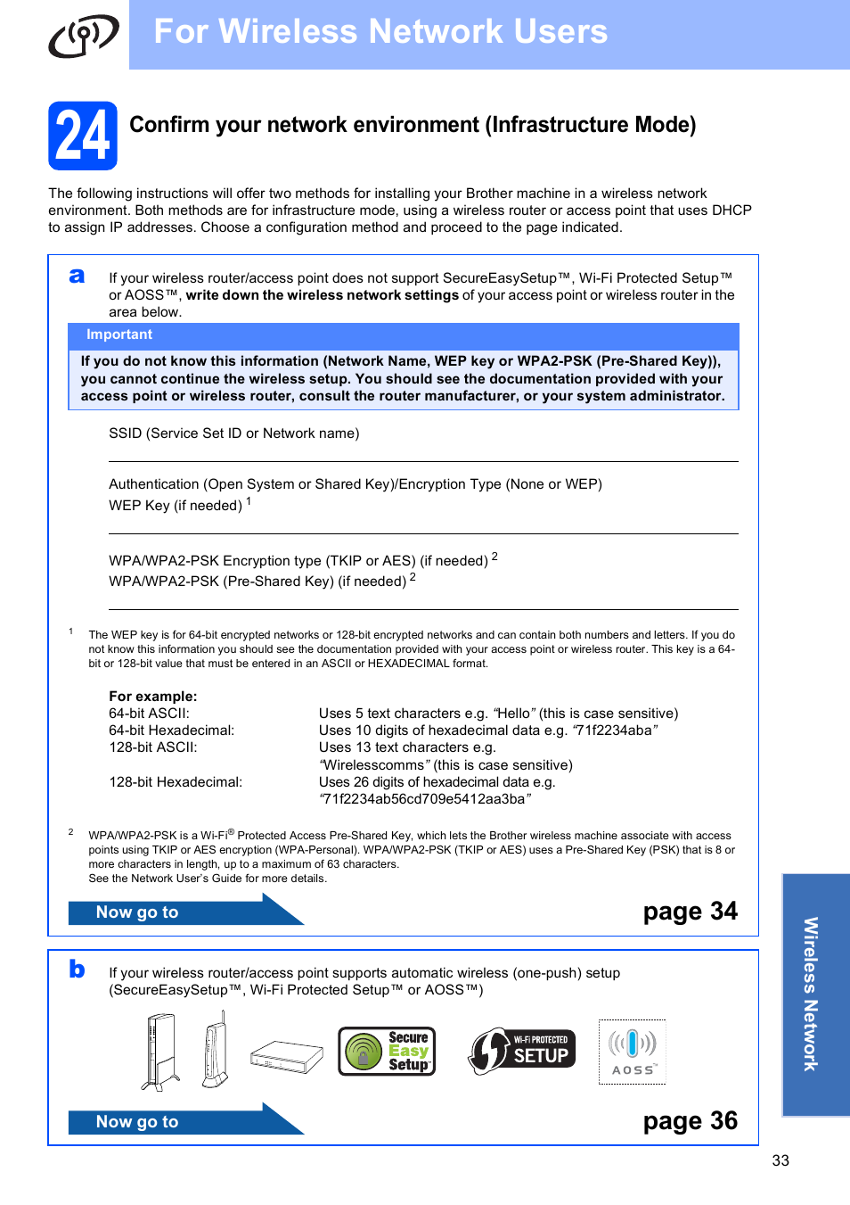 For wireless network users, Page 34 b, Page 36 | Brother MFC 990cw User Manual | Page 33 / 50