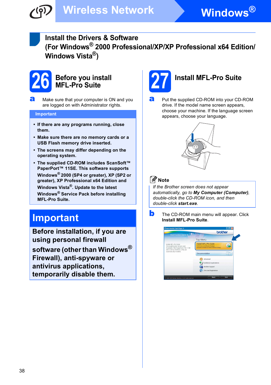 26 before you install mfl-pro suite, 27 install mfl-pro suite, Windows | Wireless network, Important | Brother MFC 990cw User Manual | Page 38 / 50