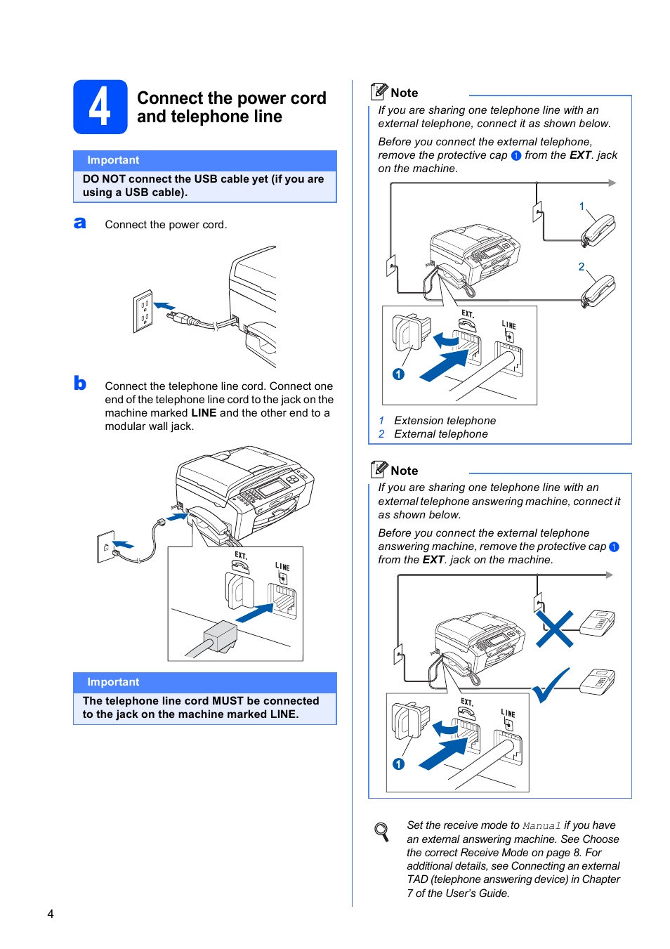 4 connect the power cord and telephone line, Connect the power cord and telephone line | Brother MFC 990cw User Manual | Page 4 / 50
