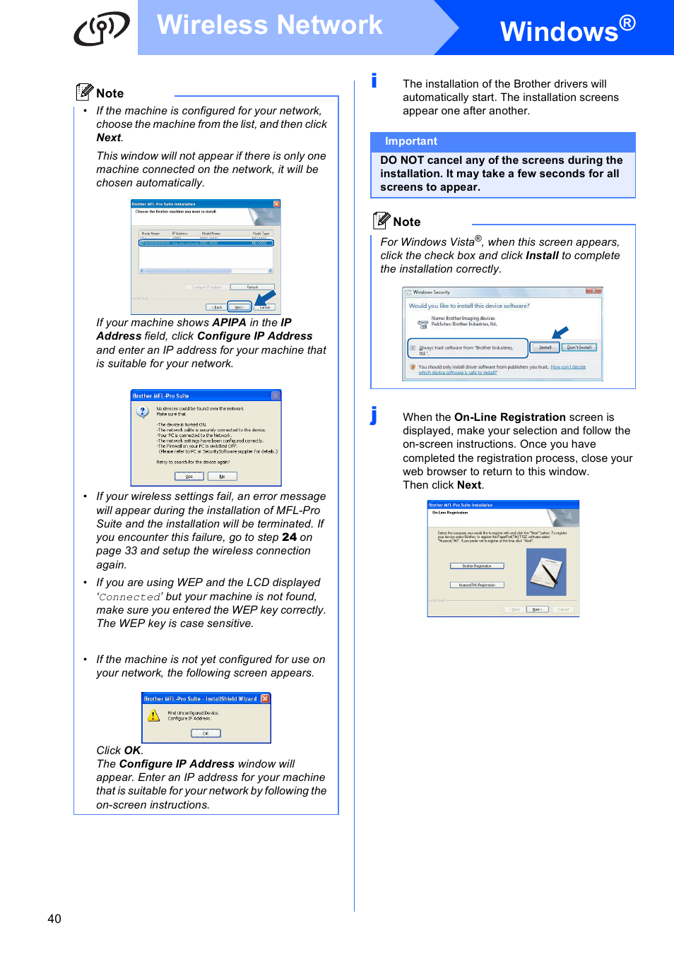Windows, Wireless network | Brother MFC 990cw User Manual | Page 40 / 50