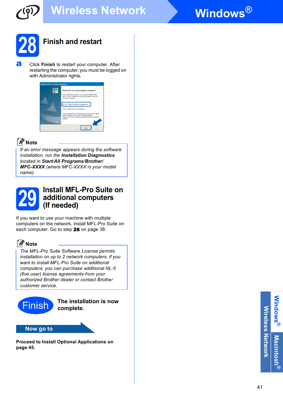 28 finish and restart, Windows, Wireless network | Finish | Brother MFC 990cw User Manual | Page 41 / 50