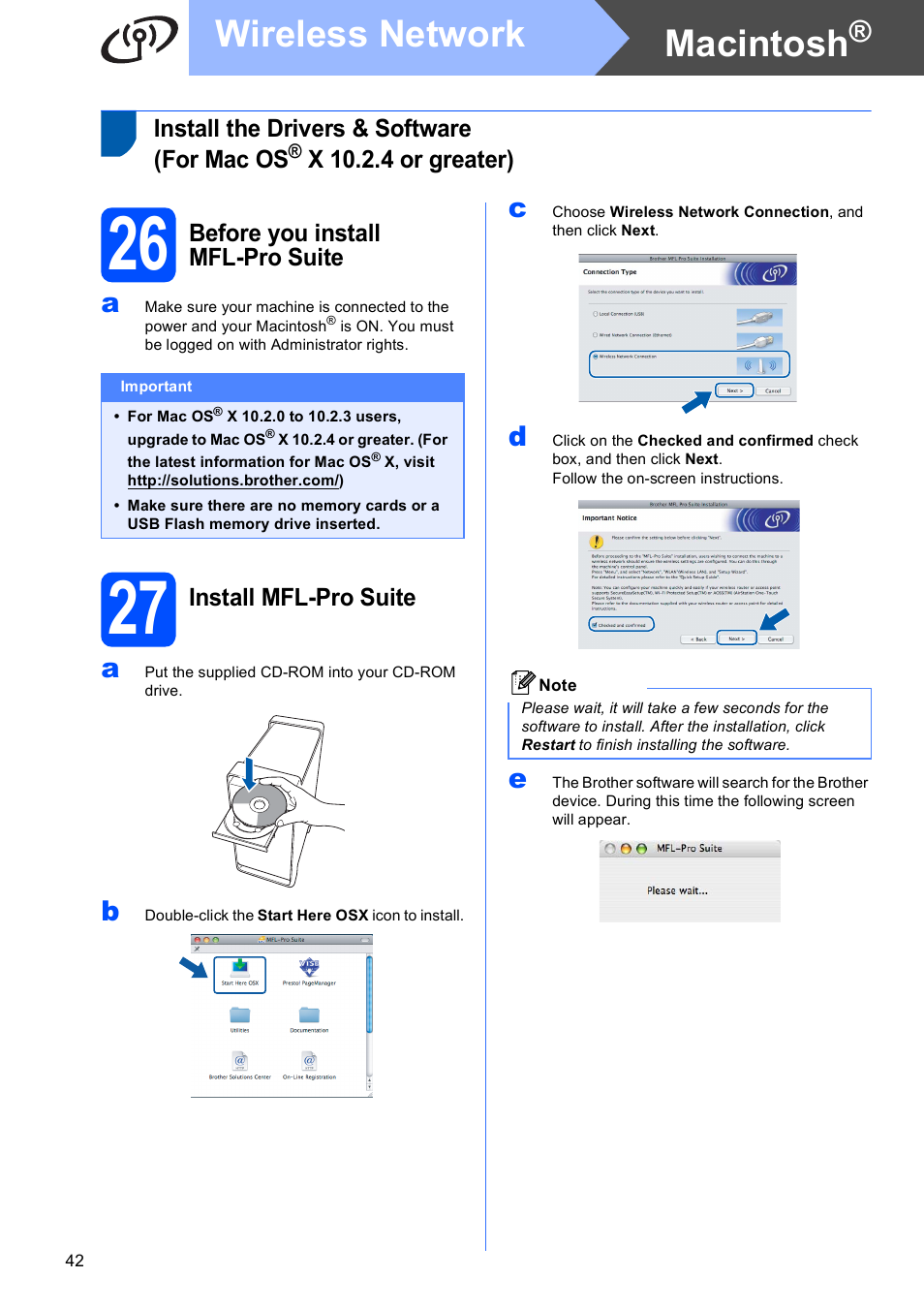 26 before you install mfl-pro suite, 27 install mfl-pro suite, Macintosh | Wireless network, Install the drivers & software (for mac os, X 10.2.4 or greater), Before you install mfl-pro suite, Install mfl-pro suite | Brother MFC 990cw User Manual | Page 42 / 50