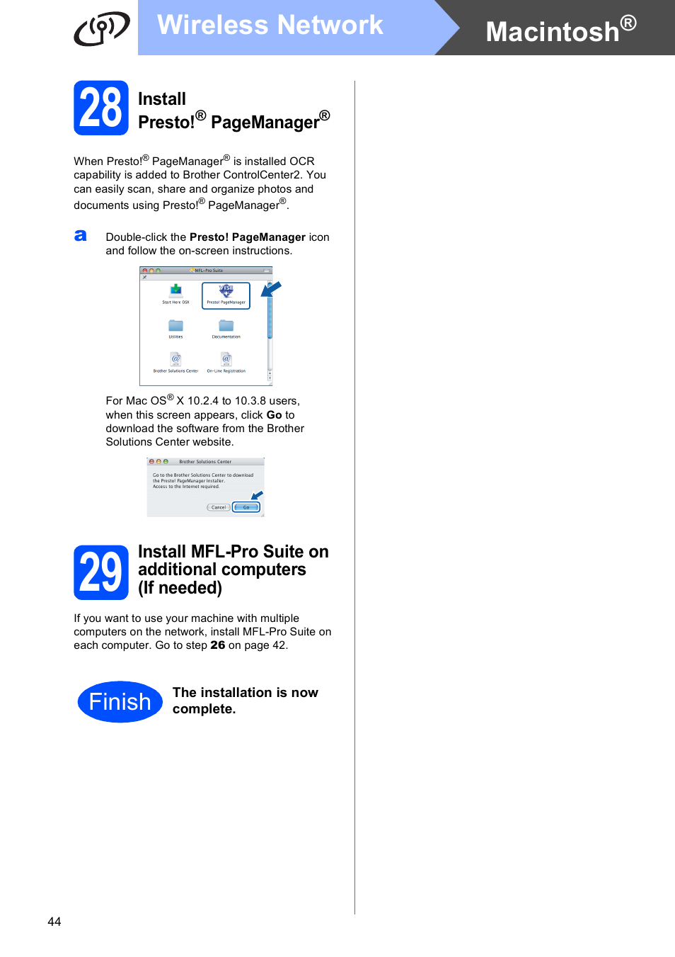 28 on, Macintosh, Wireless network | Finish | Brother MFC 990cw User Manual | Page 44 / 50