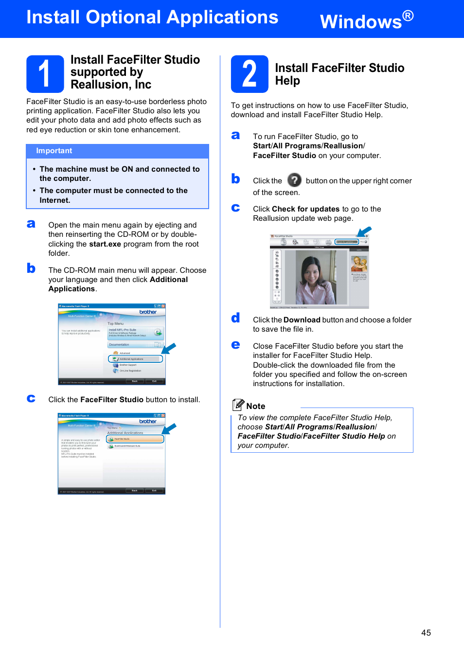 Install optional applications windows, 2 install facefilter studio help, Windows | Install optional applications | Brother MFC 990cw User Manual | Page 45 / 50