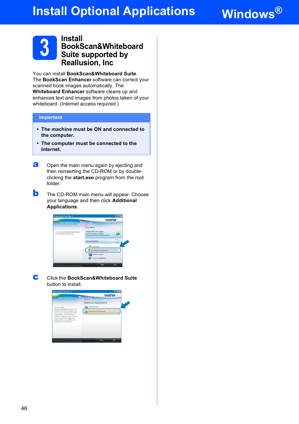 Windows, Install optional applications | Brother MFC 990cw User Manual | Page 46 / 50