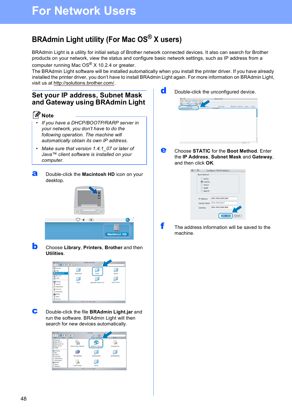 Bradmin light utility (for mac os® x users), For network users, Bradmin light utility (for mac os | X users) | Brother MFC 990cw User Manual | Page 48 / 50