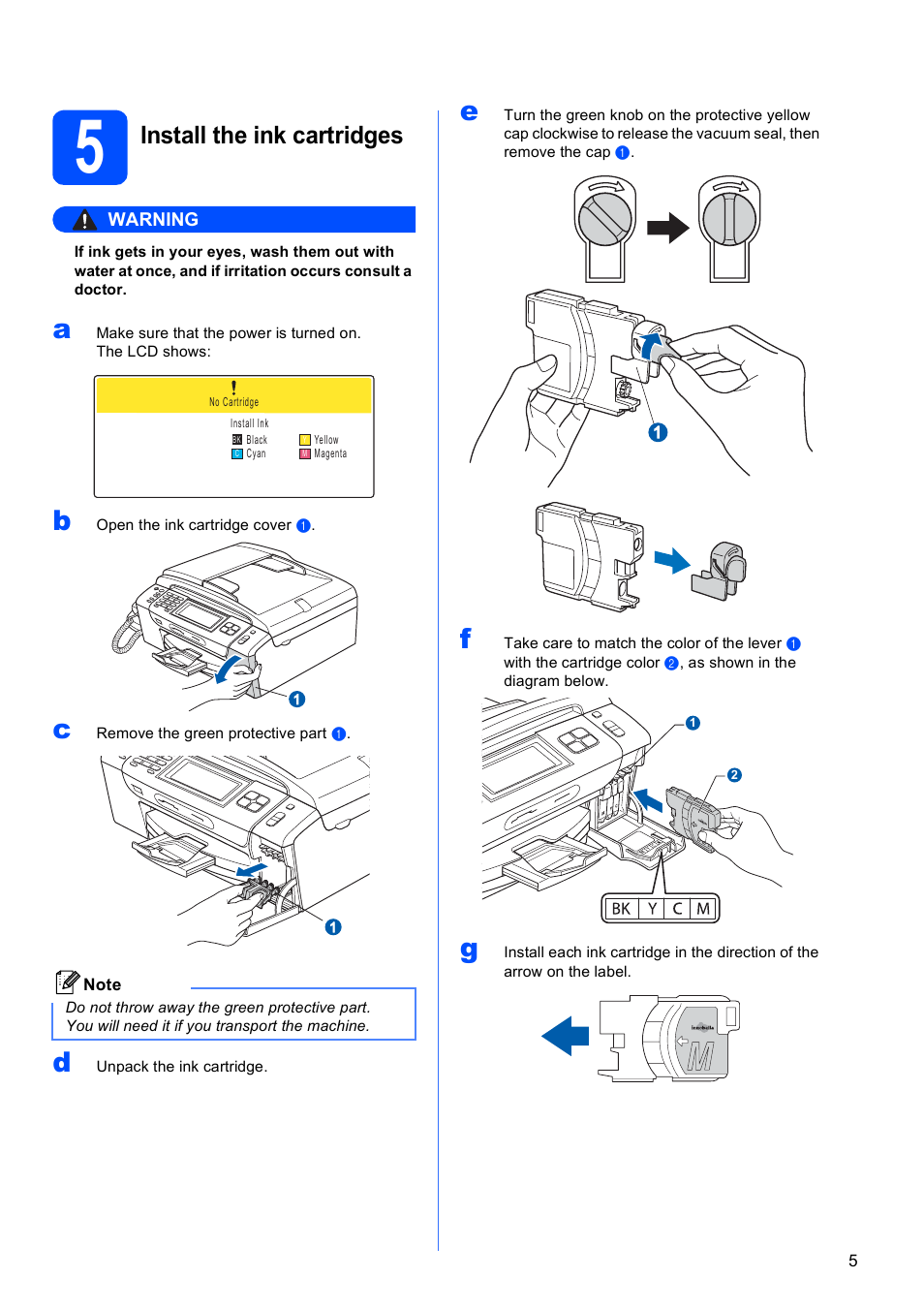 5 install the ink cartridges, Install the ink cartridges | Brother MFC 990cw User Manual | Page 5 / 50