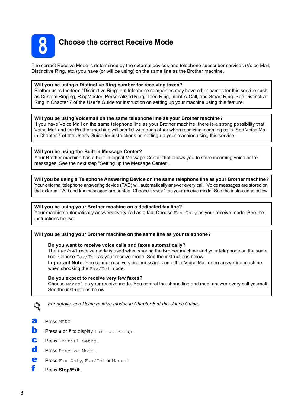 8 choose the correct receive mode, Choose the correct receive mode | Brother MFC 990cw User Manual | Page 8 / 50