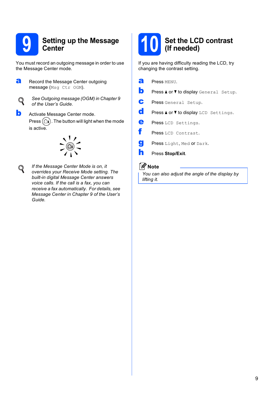 9 setting up the message center, 10 set the lcd contrast (if needed) | Brother MFC 990cw User Manual | Page 9 / 50