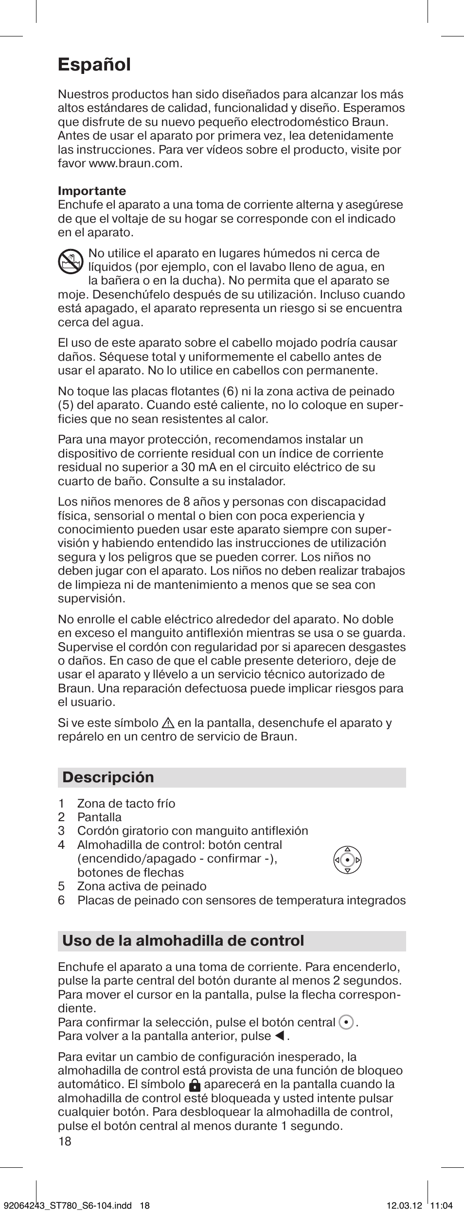 Español, Descripción, Uso de la almohadilla de control | Braun ST780 Satin Hair 7 User Manual | Page 17 / 99