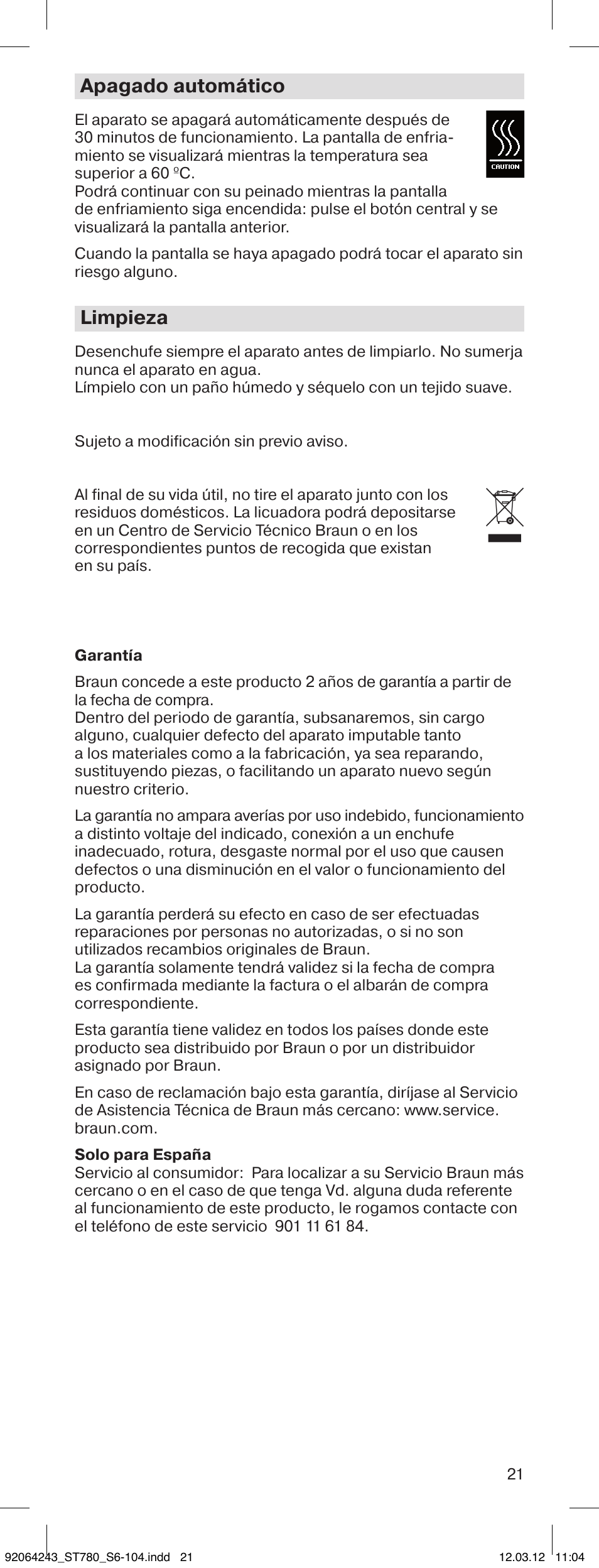 Apagado automático, Limpieza | Braun ST780 Satin Hair 7 User Manual | Page 20 / 99