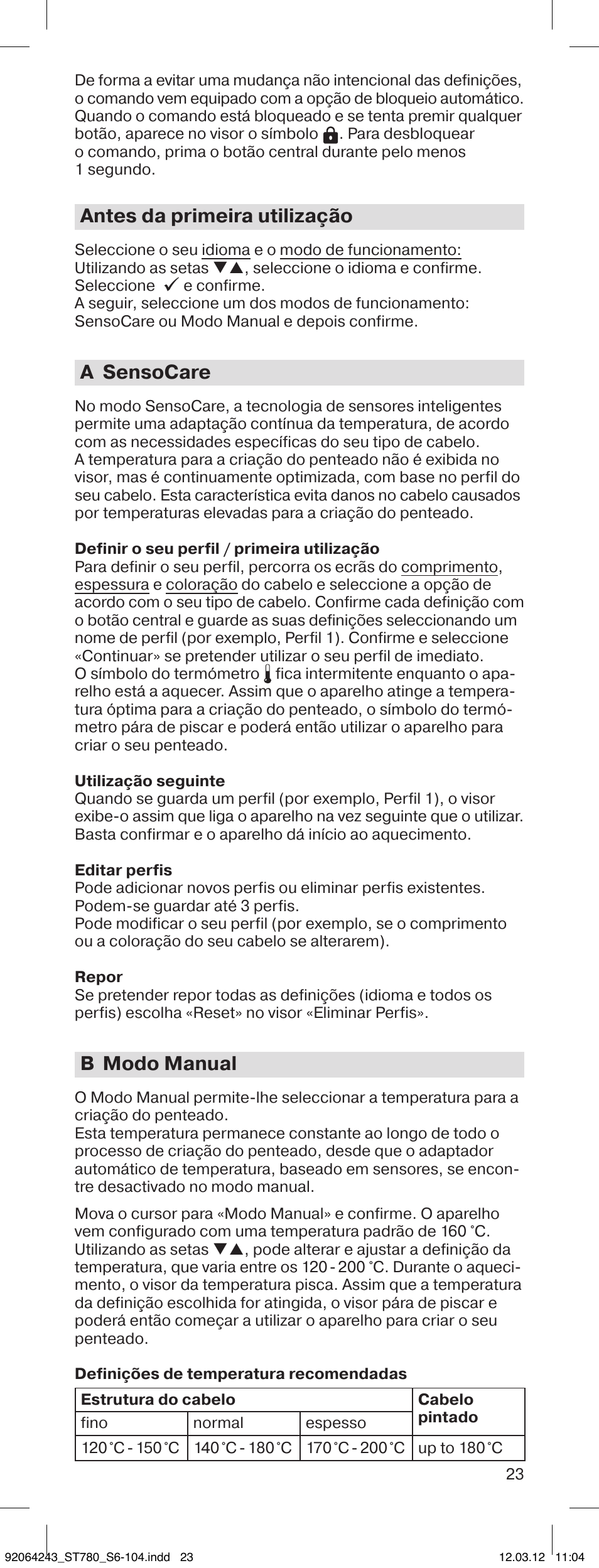 Antes da primeira utilização, A sensocare, B modo manual | Braun ST780 Satin Hair 7 User Manual | Page 22 / 99