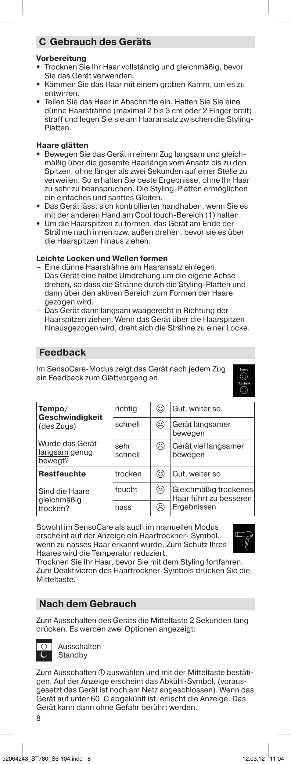 C gebrauch des geräts, Feedback, Nach dem gebrauch | Braun ST780 Satin Hair 7 User Manual | Page 7 / 99