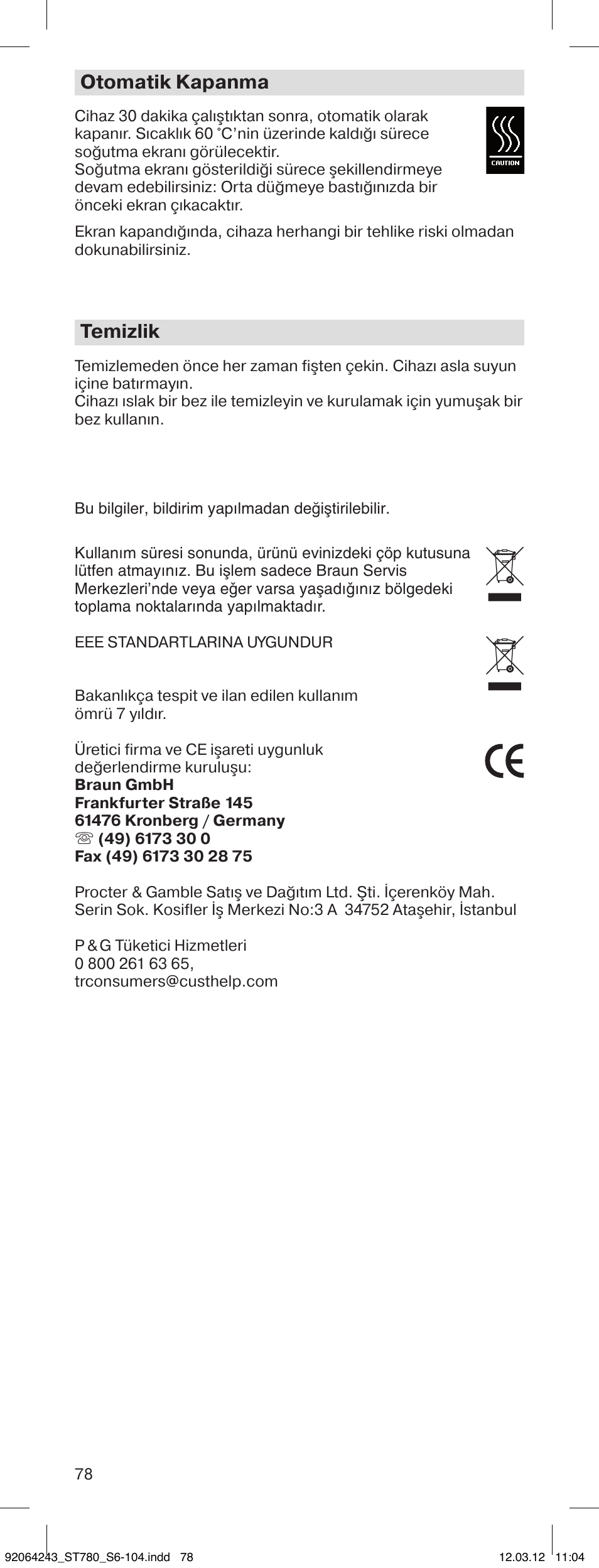 Otomatik kapanma, Temizlik | Braun ST780 Satin Hair 7 User Manual | Page 77 / 99