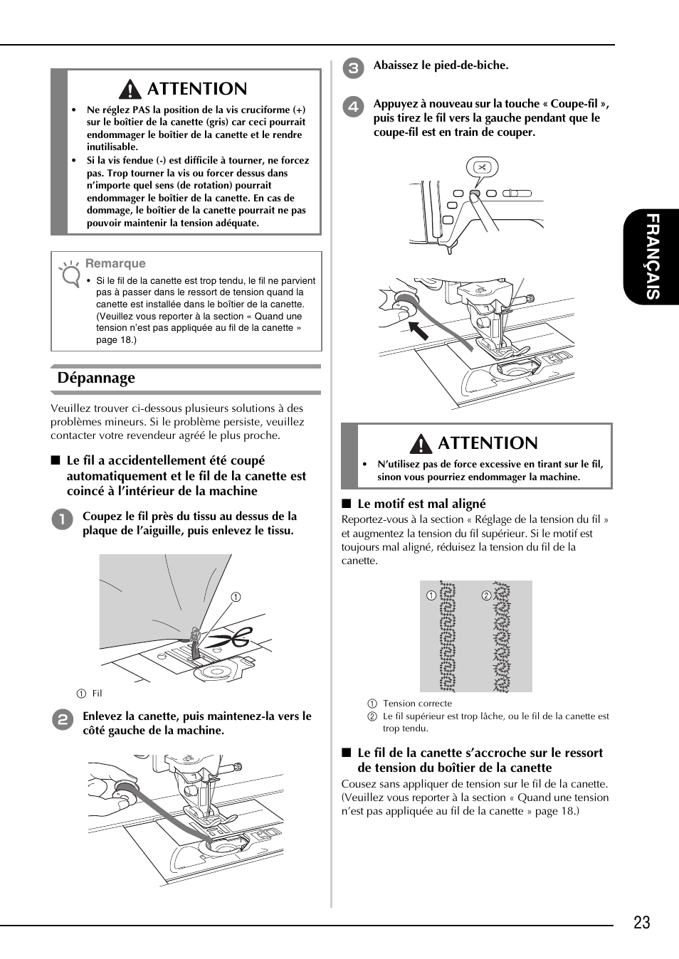 Attention, 23 fr an çais, Dépannage | Brother NX-2000 User Manual | Page 25 / 40