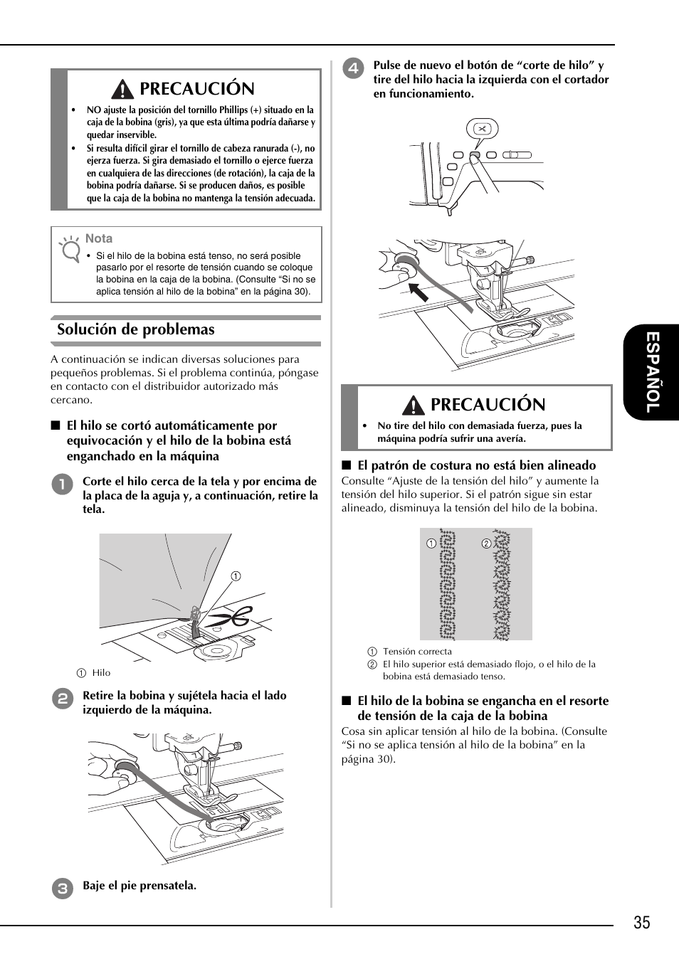 Precaución, 35 esp añ ol, Solución de problemas | Brother NX-2000 User Manual | Page 37 / 40