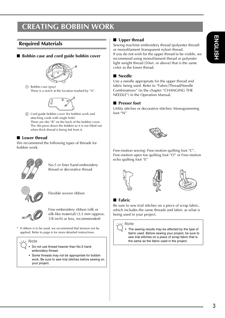 Creating bobbin work, 3eng l ish, Required materials | Brother NX-2000 User Manual | Page 5 / 40