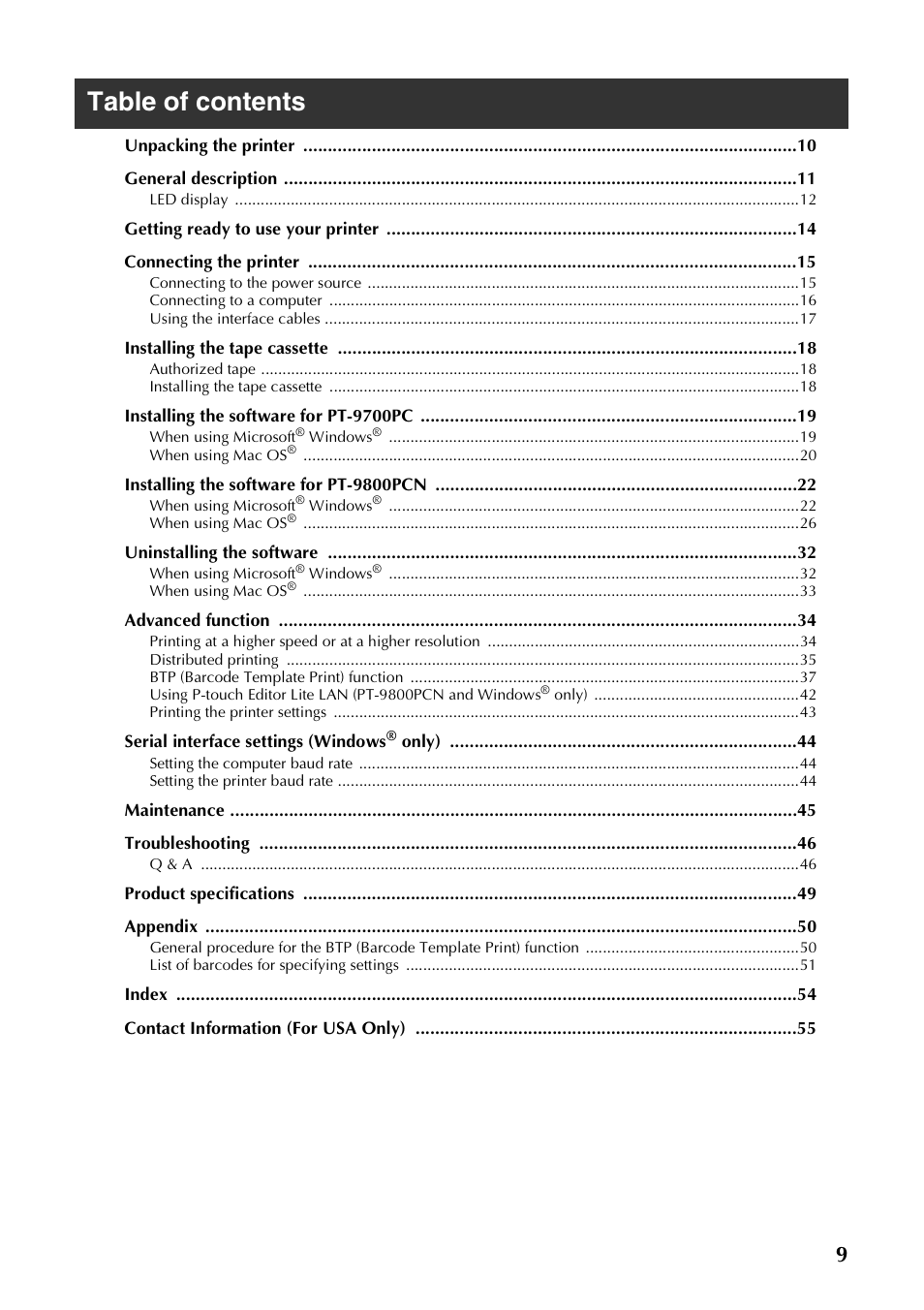 Brother PT-9700PC User Manual | Page 10 / 118