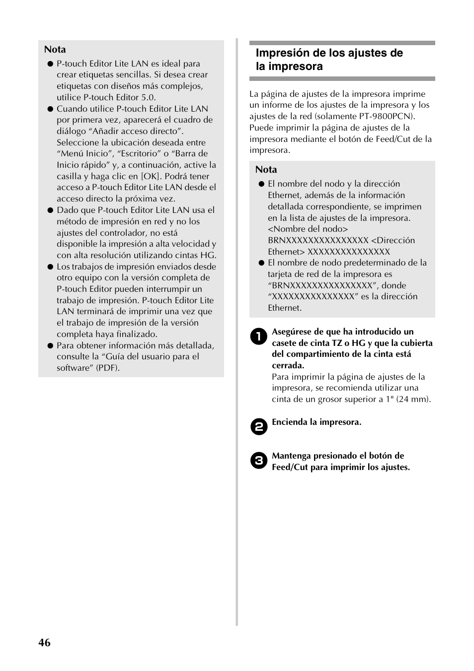 Impresión de los ajustes de la impresora, P.46), 46 impresión de los ajustes de la impresora | Brother PT-9700PC User Manual | Page 103 / 118