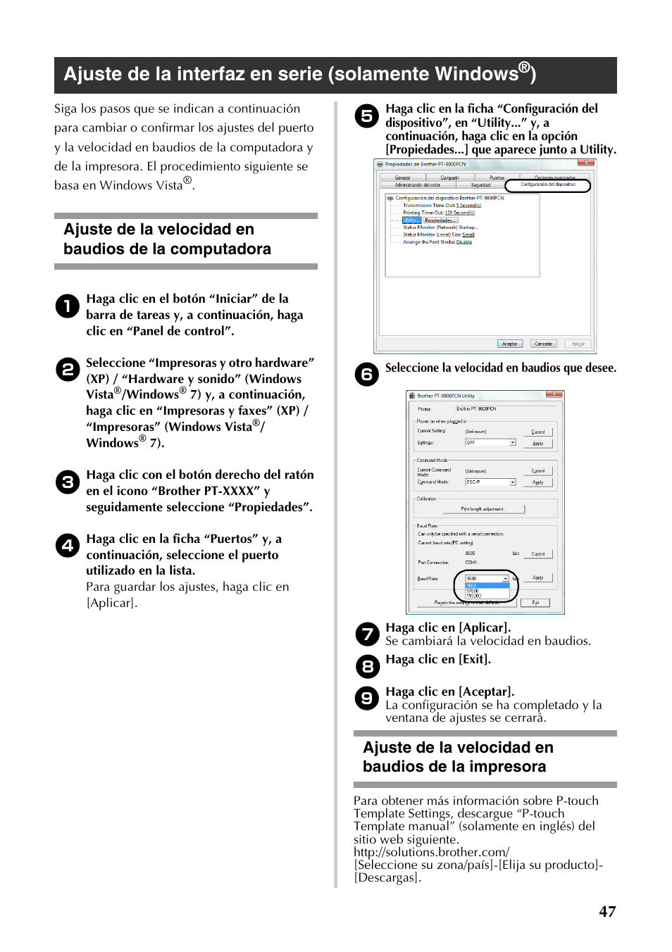 Ajuste de la velocidad en baudios de la impresora, Ajuste de la interfaz en serie (solamente windows, P.47) | Brother PT-9700PC User Manual | Page 104 / 118