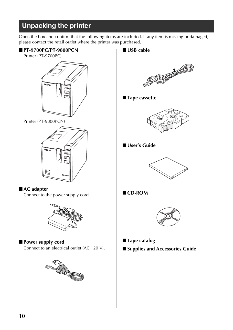 Unpacking the printer | Brother PT-9700PC User Manual | Page 11 / 118