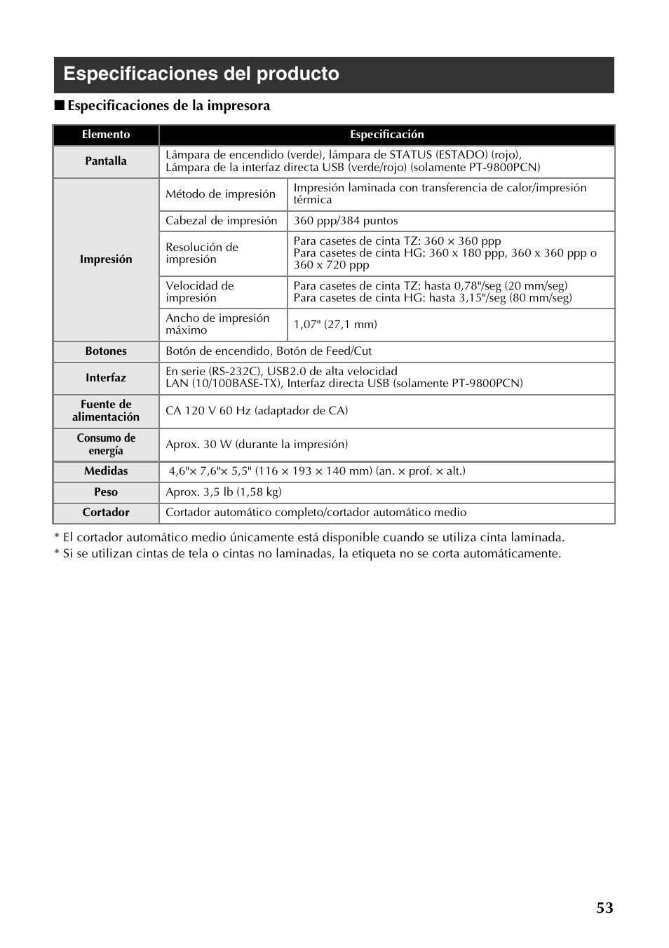 Especificaciones del producto, Especificaciones de la impresora | Brother PT-9700PC User Manual | Page 110 / 118