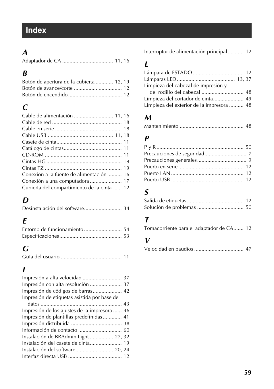 Index, Index a | Brother PT-9700PC User Manual | Page 116 / 118
