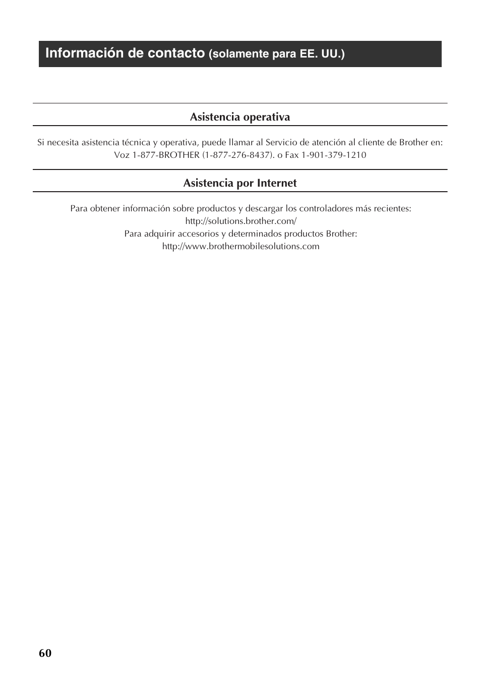 Información de contacto (solamente para ee. uu.), Información de contacto | Brother PT-9700PC User Manual | Page 117 / 118