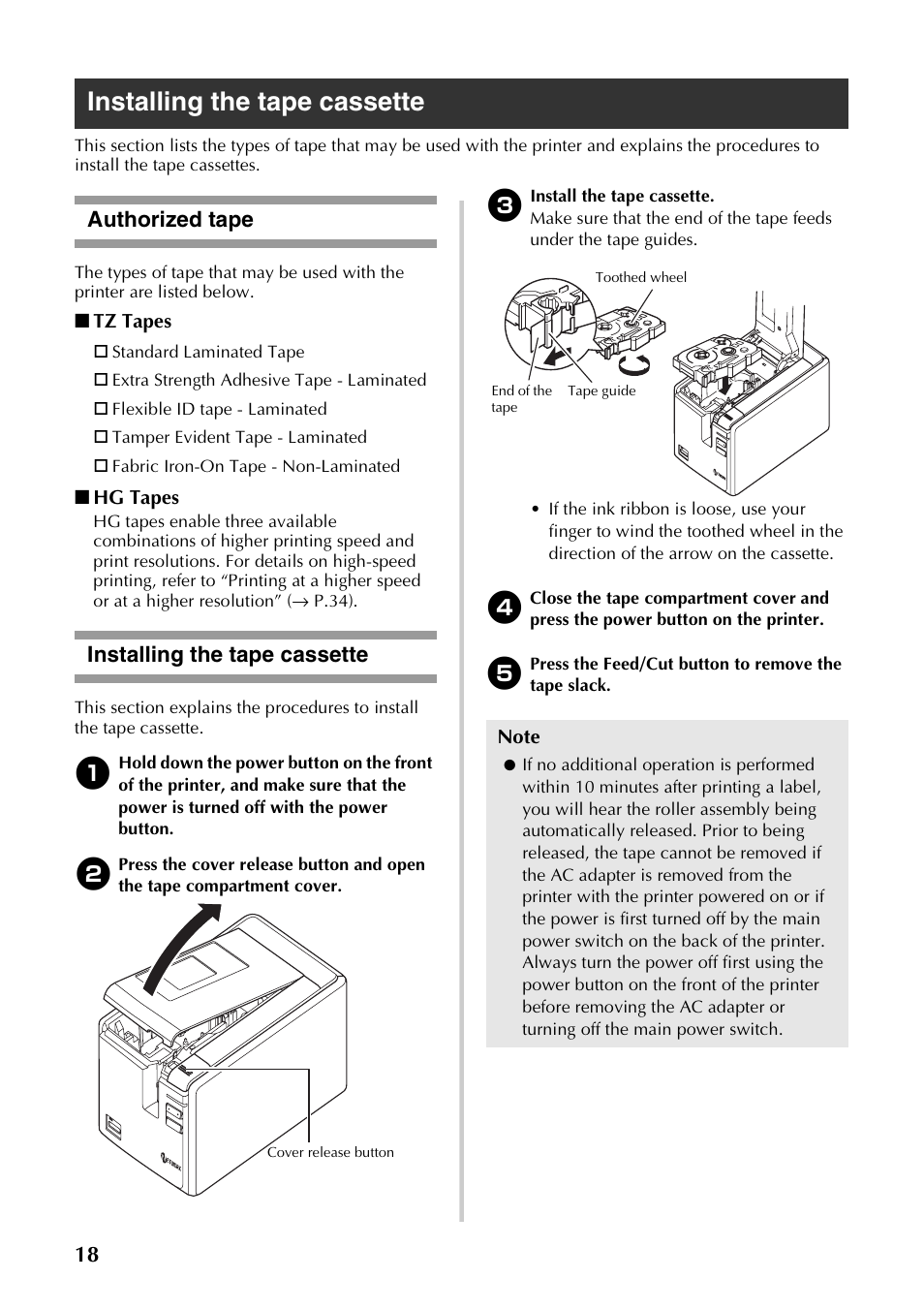 Installing the tape cassette, Authorized tape, Authorized tape installing the tape cassette | Brother PT-9700PC User Manual | Page 19 / 118